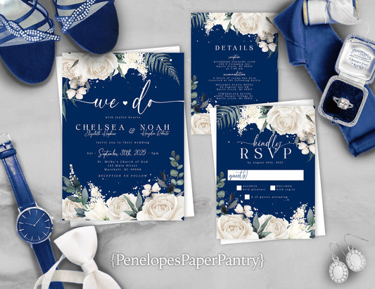 Wedgwood Blue and White Rose Summer Wedding Invitation, Set, or Suite