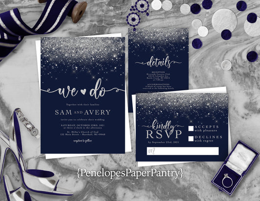 Silver Faux Glitter with Navy Blue Background Invitation Traditional Wedding Invitation, Sets, or Suite