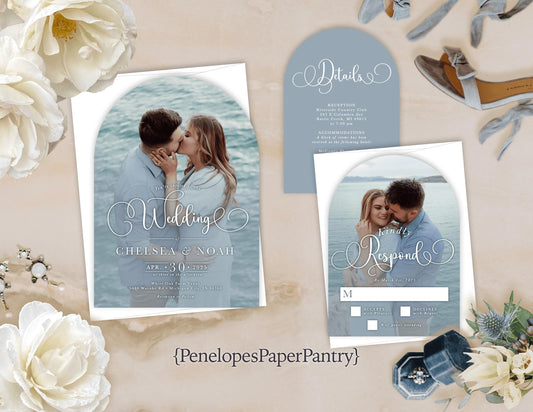 Die Cut Arch Engagement Photo and Dusty Blue Wedding Invitation, Set, or Suite