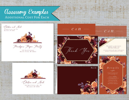 Burgundy and Burnt Orange Florals with Geometric Frame on Burgundy, Orange, and Ivory Hues Fall Wedding Invitation, Set, or Suite