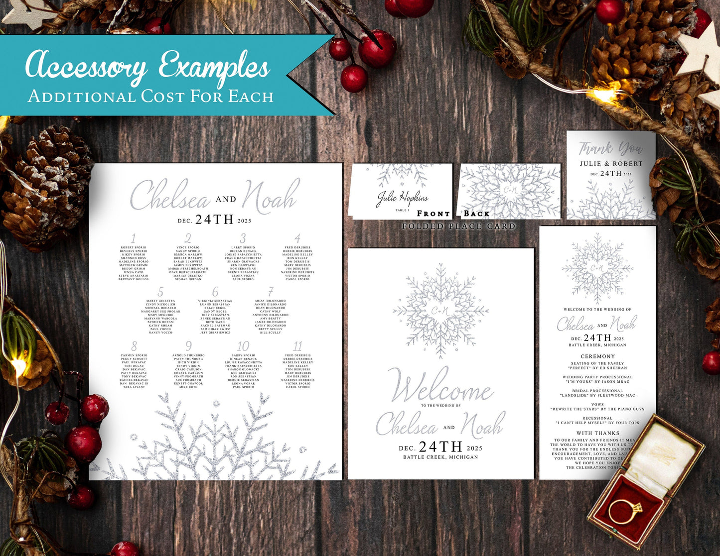 Fancy Snowflake Winter Wedding Invitation – Faux Silver Glitter Calligraphy, Shimmery Custom Text, Printed with Envelopes Included