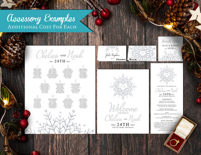 Fancy Snowflake Winter Wedding Invitation – Faux Silver Glitter Calligraphy, Shimmery Custom Text, Printed with Envelopes Included