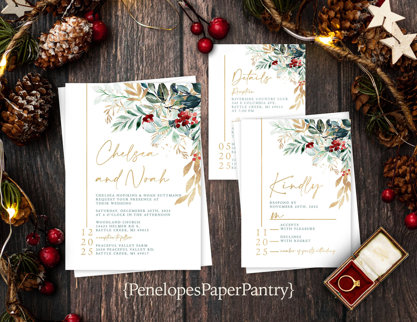 Sophisticated Winter Wedding Invitation – Green, Red & Gold Calligraphy, Shimmery Custom Text, Printed with Envelopes Included