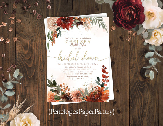 Elegant Floral Fall Bridal Shower Invitation Personalized Bridal Brunch Bridal Luncheon  Brunch and Bubbly Printed Invitations With Envelope