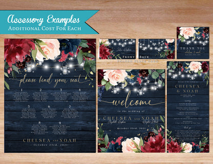 Burgundy, Blush, and Navy Florals on Navy Wood Background Fall Wedding Invitation, Set, or Suite