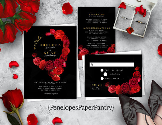 Red Floral Wreath with Black Background Rose Wedding Invitation, Set, or Suite