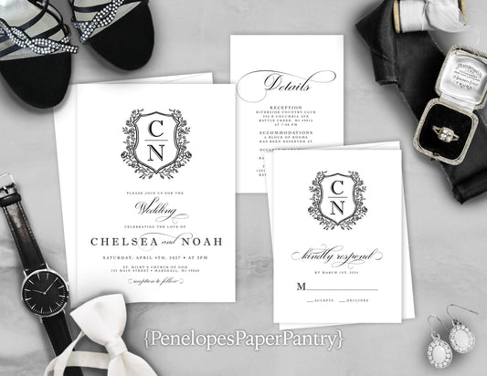 Black and White Royal Crest and Monogram Laurels Traditional Wedding Invitation, Sets, or Suite