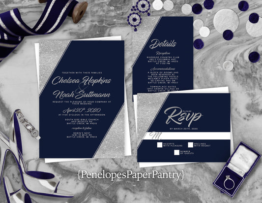 Navy with Faux Silver Glitter Corners Traditional Wedding Invitation, Sets, or Suite