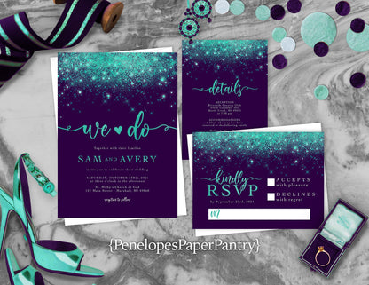 Teal Faux Glitter with Purple Background Traditional Wedding Invitation, Sets, or Suite