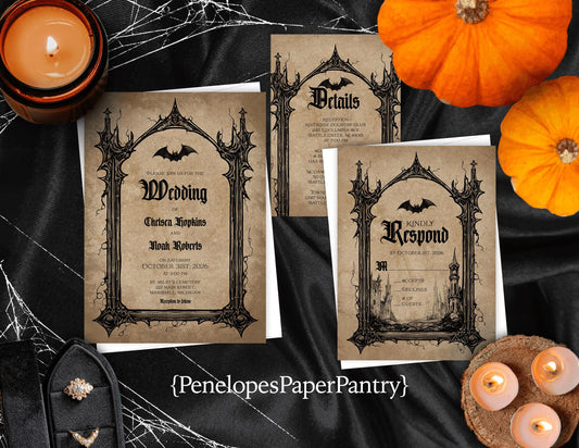 Gothic Halloween Wedding Invitation – Bats & Iron Gate on Parchment – Personalized Printed Invite with Envelopes Included