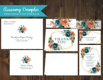 Elegant Floral Fall Wedding Invitation – Teal, Orange & Gold – Geometric Frame Shimmery Invite with Envelopes