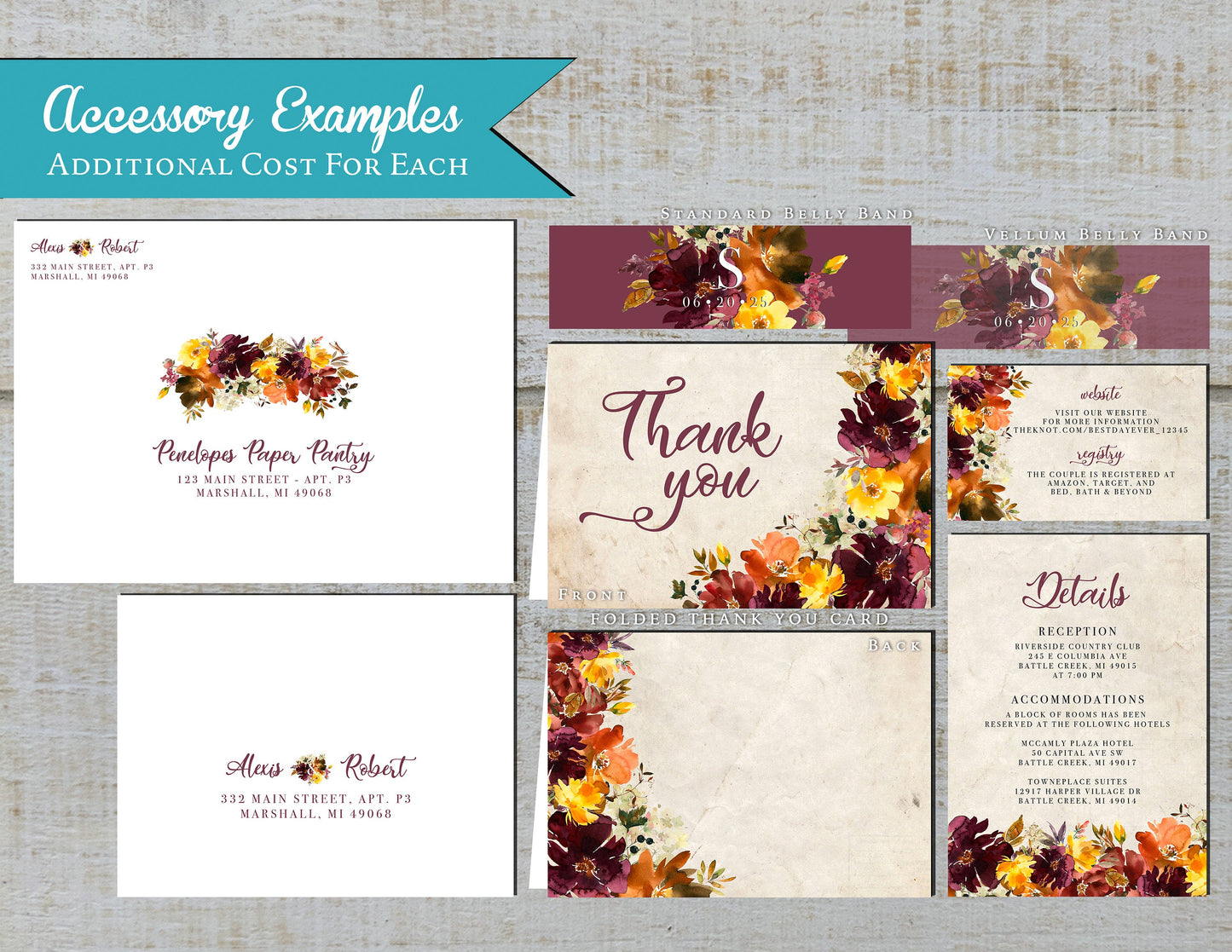 Sunflower, Burgundy and Burnt Orange Florals on Faux Parchment Background Fall Wedding Invitation, Set, or Suite