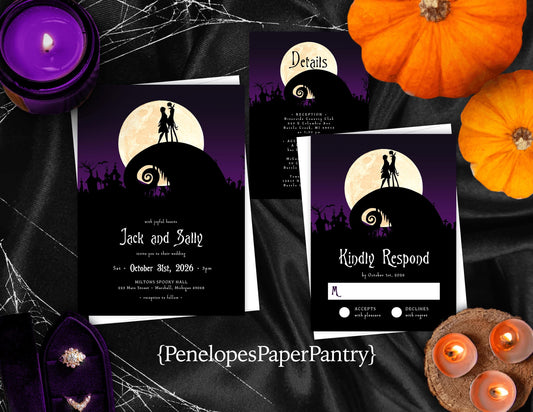 Halloween Wedding Invitation – Jack & Sally Inspired – Personalized Nightmare Before Christmas Printed Invite with Envelopes Included