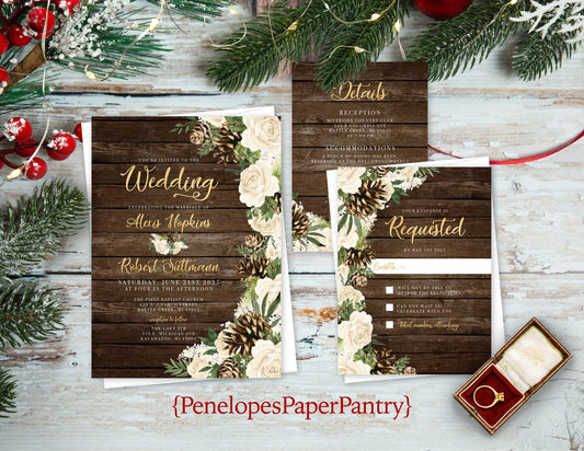 White Roses and Pinecone Florals with Barn Wood Background Winter Wedding Invitation, Set, or Suite