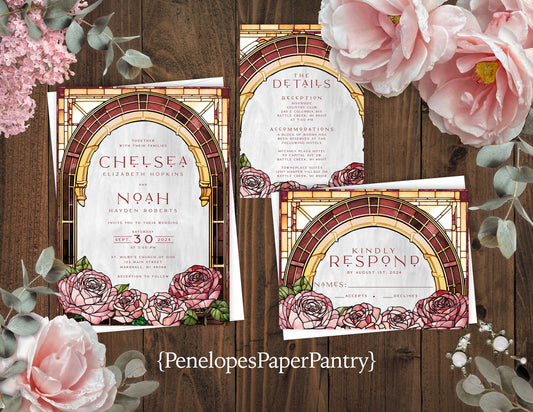 Dusty Rose Faux Stained Glass Summer Wedding Invitation, Set, or Suite