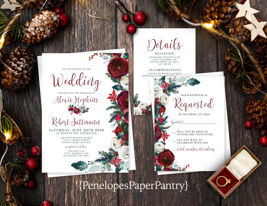 Red Roses and Green Florals Winter Wedding Invitation, Set, or Suite