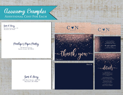 Rose Gold Faux Glitter with Navy Blue Background Invitation Traditional Wedding Invitation, Sets, or Suite