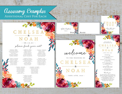 Bright Floral on White Background Summer Wedding Invitation, Set, or Suite