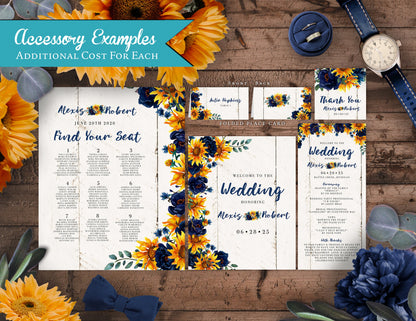 Sunflower and Navy Florals on White Wood Background Fall Wedding Invitation, Set, or Suite