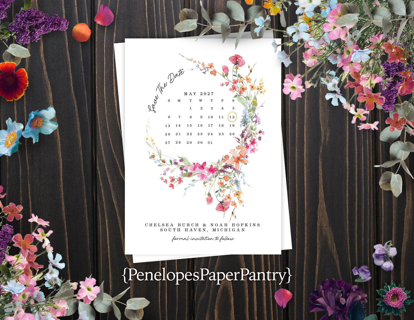 Wildflower Floral Wreath with Calendar Save the Date