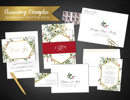 Elegant Winter Wedding Invitation – Mistletoe, Geometric Frame, Gold Foil Calligraphy, Custom Text Printed with Envelopes Included