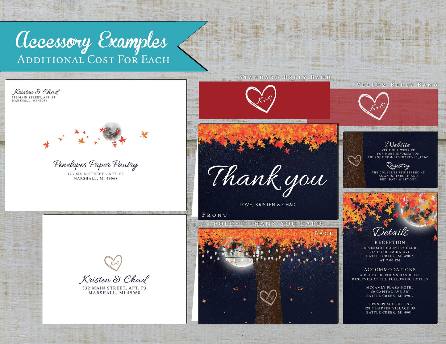 Rustic Fall Wedding Invitation – Navy Night Sky, Full Moon, Oak Tree & Burnt Orange Leaves – Personalized Printed Invitation with Fairy Lights & Envelopes