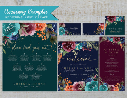 Elegant Jewel Tone Fall Wedding Invitation – Floral, Gold Calligraphy – Personalized Shimmery Printed Invite with Envelope Included