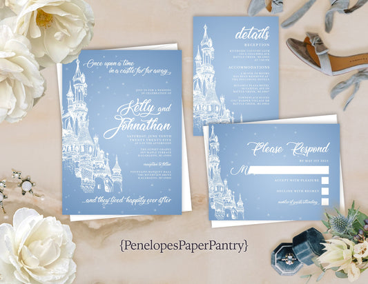 Elegant Fairy Tale Wedding Invitation Personalized Castle Cinderella Blue Happily Ever After Shimmery Printed Invitations Envelopes Included