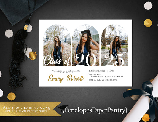 Multi Photo Arch with Gold Foil Graduation Open House or Ceremony Invitation