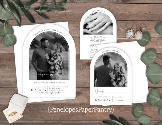 Unique Photo Arch Summer Wedding Invitation Personalized Black and White Vintage Minimalist Stackable Printed Invitations Envelopes Included