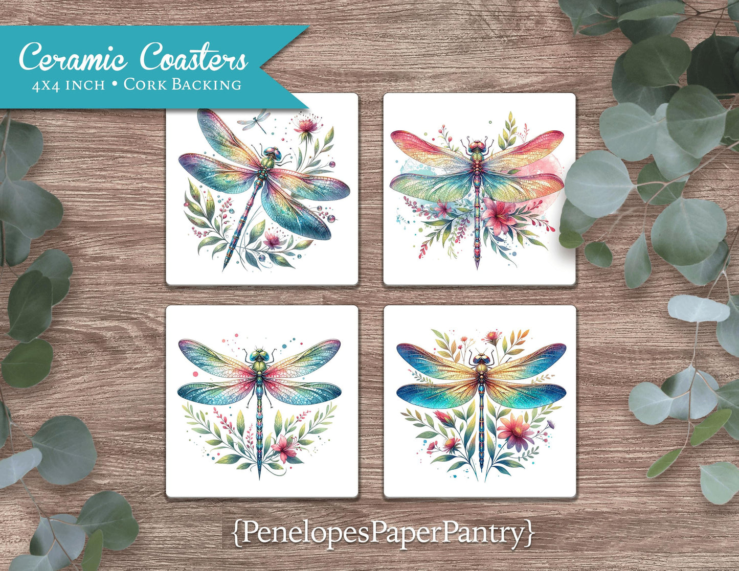 Dragonfly Set of 4 Ceramic Coasters with Cork Back