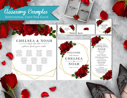 Red Florals with Geometric Frame and White Background Rose Wedding Invitation, Set, or Suite