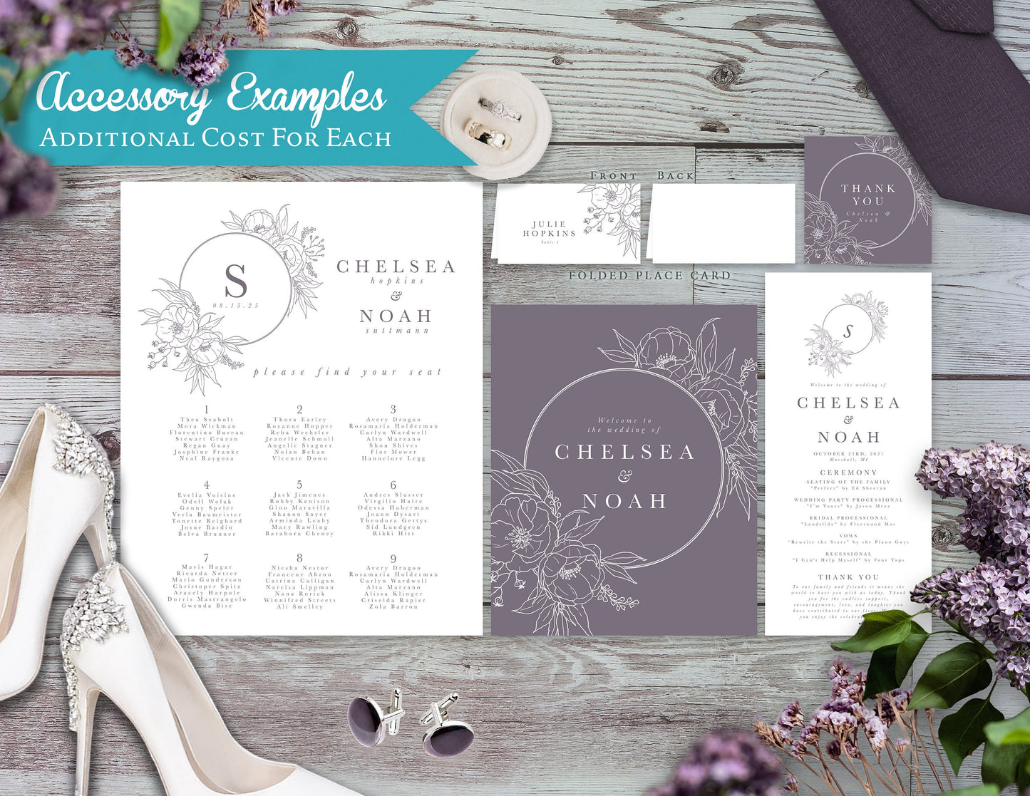 Elegant Dusty Purple Floral Summer Wedding Invitation Personalized Floral Silhouette Wreath Printed Invitations Envelope Included Simple
