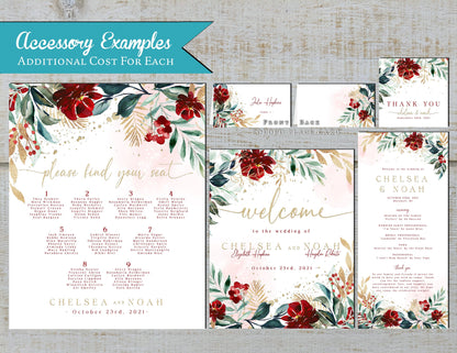 Red, Green, and Gold Florals with White Background Winter Wedding Invitation, Set, or Suite