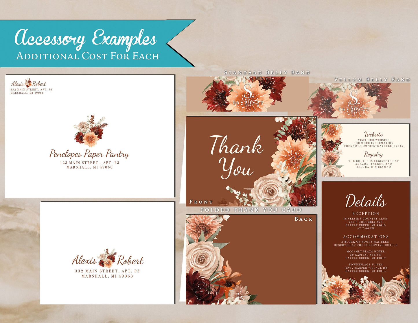 Terracotta Fall Wedding Invitation – Burnt Orange, Rust & Cream – Personalized Elegant Printed Invite with Envelopes Included