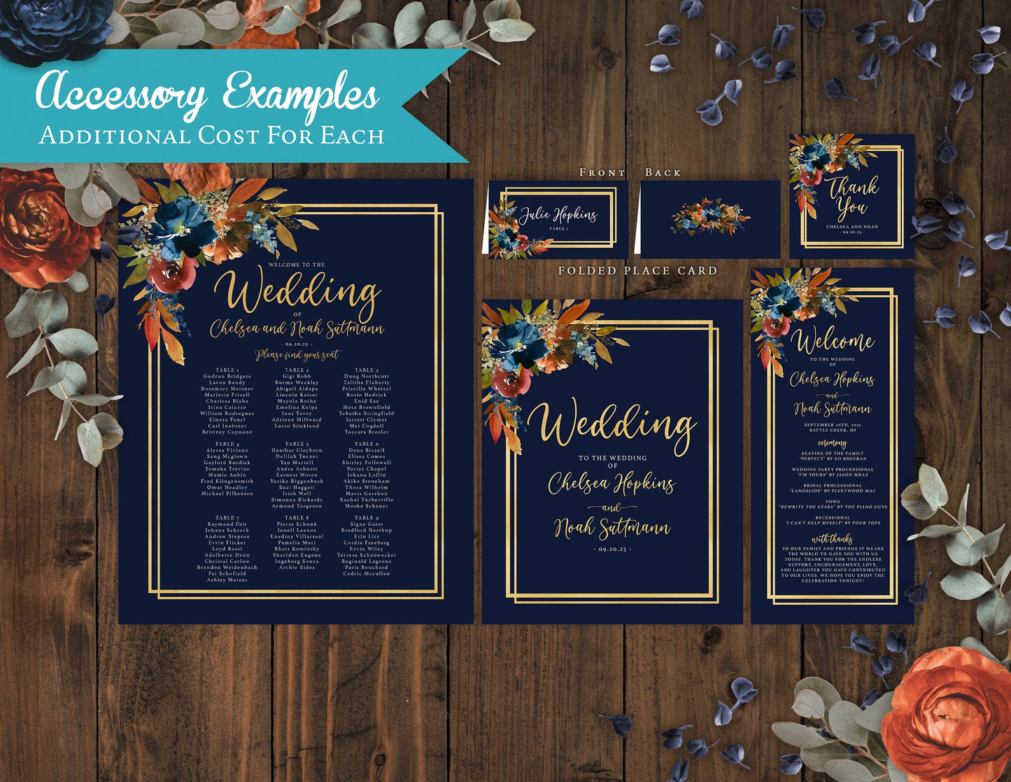 Elegant Navy Floral Fall Wedding Invitation – Turquoise, Burnt Orange & Gold – Personalized Shimmery Printed Invite with Envelopes