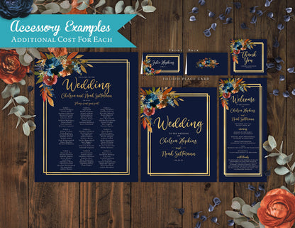 Elegant Navy Floral Fall Wedding Invitation – Turquoise, Burnt Orange & Gold – Personalized Shimmery Printed Invite with Envelopes