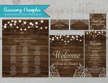 Mason Jar Fairy Lights on Barn Wood Background with Lace Fall Wedding Invitation, Set, or Suite