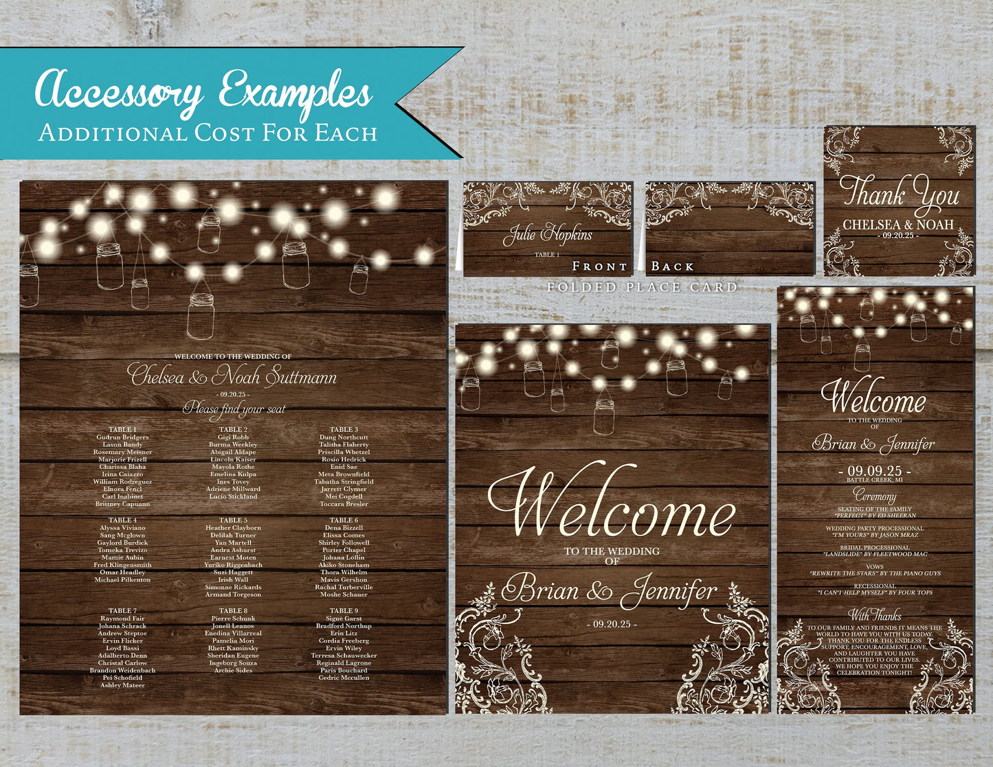 Rustic Wedding Invitation – Mason Jar Lights, Barn Wood & Lace – Personalized Printed Invitations with Custom Text & Envelopes Included