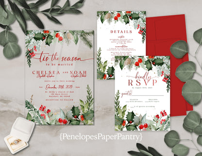 Elegant Acrylic Christmas Wedding Invitation – ’Tis the Season to Be Married – Red & Green Personalized Invite with Envelopes