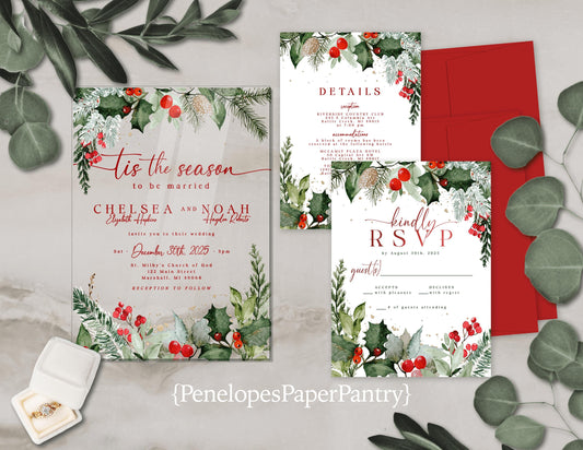 Elegant Acrylic Christmas Wedding Invitation – ’Tis the Season to Be Married – Red & Green Personalized Invite with Envelopes
