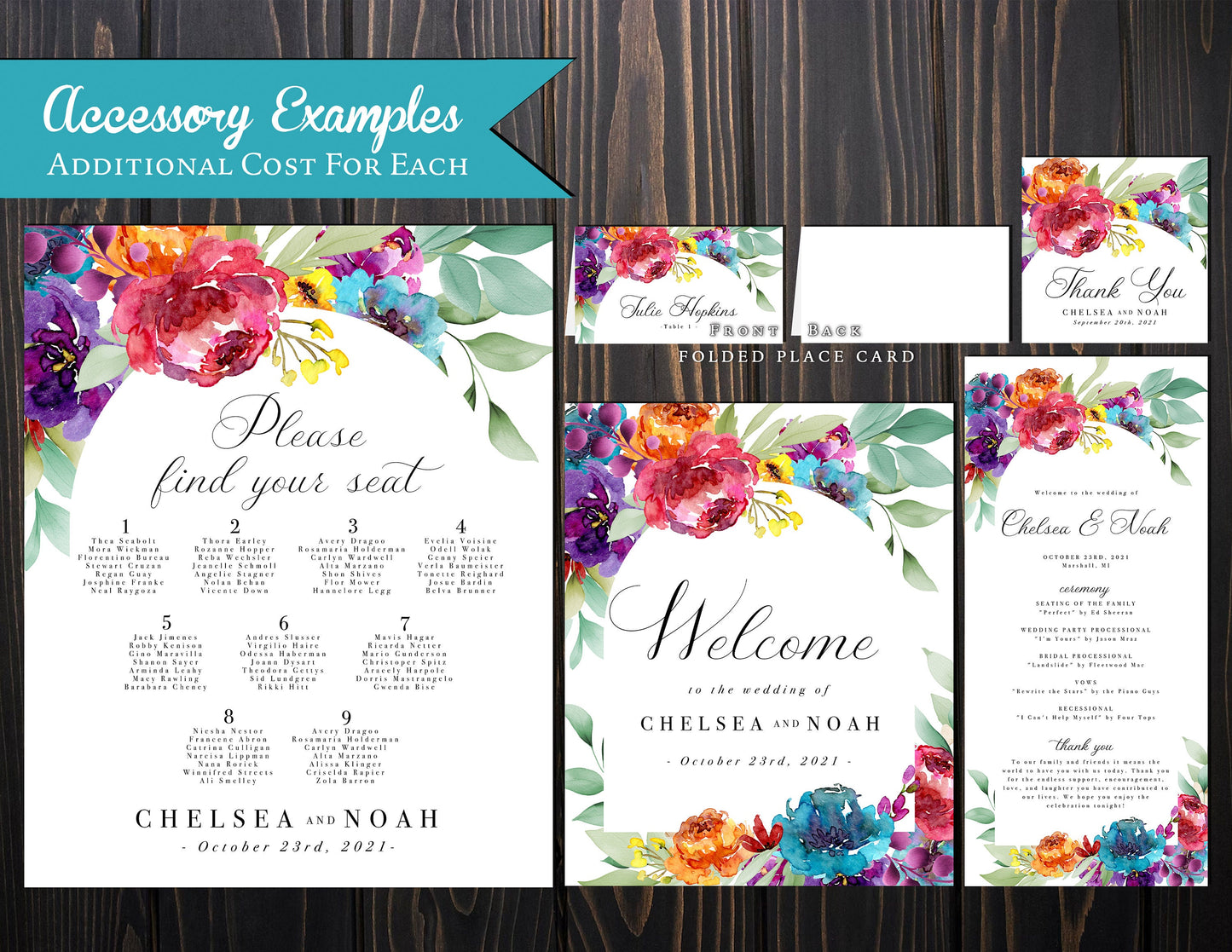 Elegant Bright Floral Summer Wedding Invitation Personalized Vibrant Colors Calligraphy Printed Invitations Envelopes Included Optional RSVP