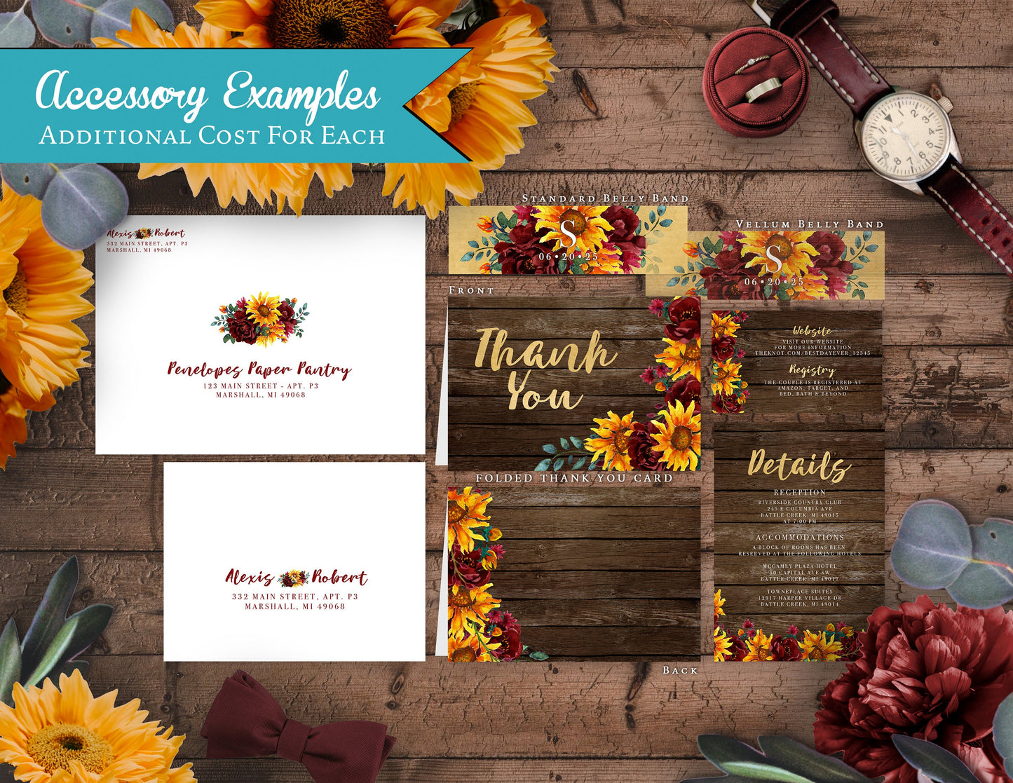 Sunflower and Burgundy Florals on Wood Background Fall Wedding Invitation, Set, or Suite