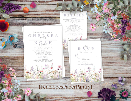 Romantic Pastel Wildflower Summer Wedding Invitation Personalized Lavender Blush Yellow Meadow Delicate Printed Invitation Envelope Included