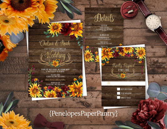 Rustic Fall Wedding Invitation – Sunflowers, Burgundy Roses & Antlers, Barn Wood & Gold Print – Personalized Shimmery Printed Invitation with Envelope