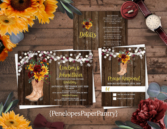 Sunflower and Burgundy Florals in Cowboy Boots on Wood Background Fall Wedding Invitation, Set, or Suite