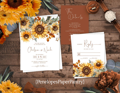 Sunflower Wedding Invitation – Personalized Terracotta & Greenery Design with Calligraphy – Printed Invitations with Envelopes & Optional RSVP