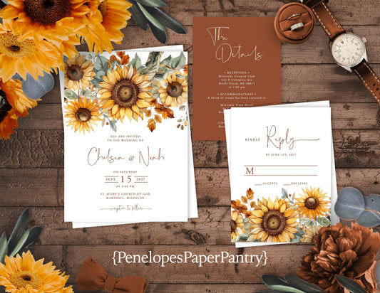 Sunflower Wedding Invitation – Personalized Terracotta & Greenery Design with Calligraphy – Printed Invitations with Envelopes & Optional RSVP