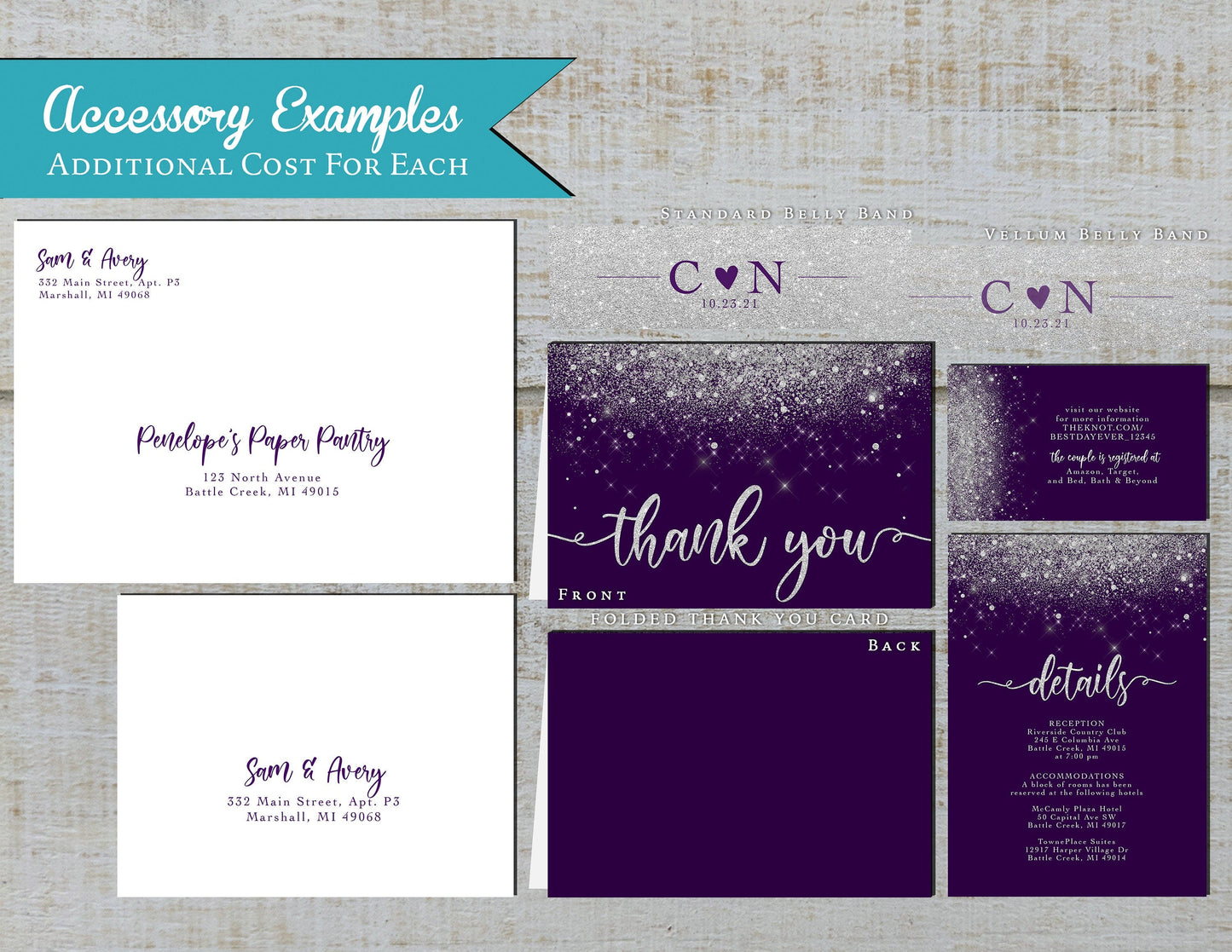 Faux Silver Glitter with Purple Background Traditional Wedding Invitation, Sets, or Suite