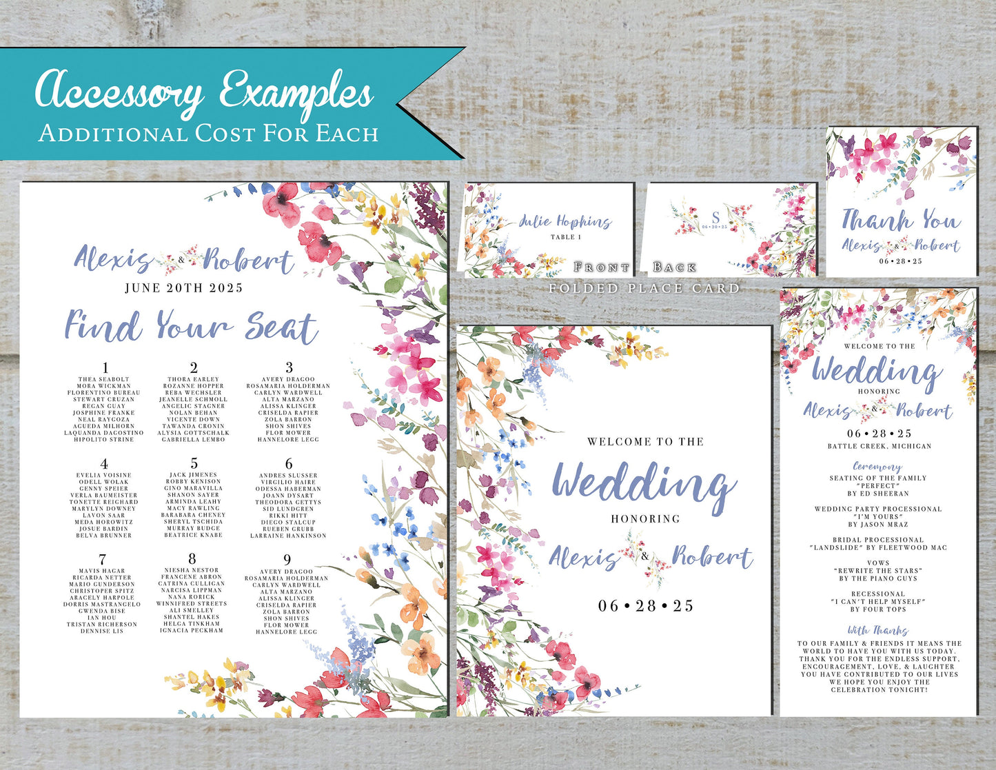 Wildflower Florals on White Background Summer Wedding Invitation, Set, or Suite